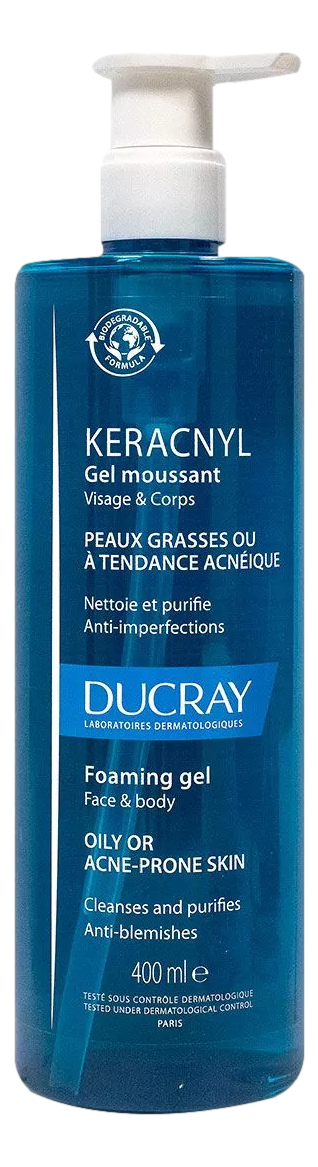 Ducray Keracnyl gel moussant visage & corps 400ml Ducray Keracnyl gel moussant visage & corps 400ml nettoie et purifie en profondeur les peaux à tendance acnéique. Ce gel sans savon apaise et diminue les lésions acnéiques.  400ML